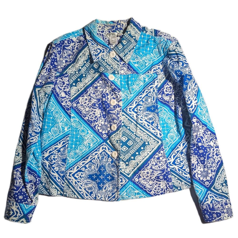 Vtg Y2K Coldwater Creek Blue Bandanna Print Collared Button Up Jacket Petite L